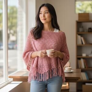 Poncho Open Knit Pink Mini Fringe Gold Thread OSFM Wool Blend XXI Y2K Boho Fairy